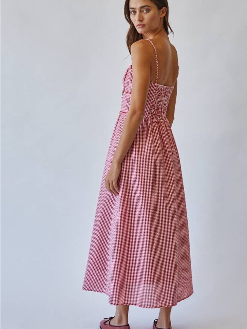 Red Gingham Midi Sundress with Spaghetti Straps - Picture 2 of 7